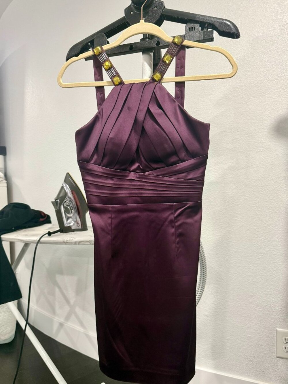 Calvin Klein Petite 2 Plum Beaded Strap Pleated Sheath Cocktail Dress